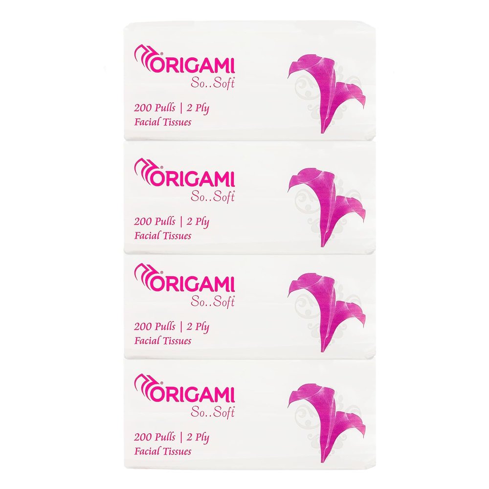 Origami 2 Ply Facial Tissue Soft Pack | Car Tissue - Pack of 4 (200 Pulls Per Box, 800 Sheets)