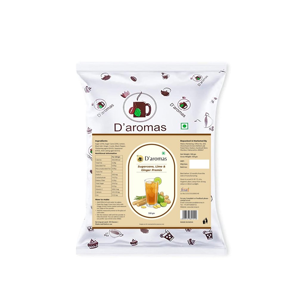 D'aromas Sugarcane Lime Juice with Ginger Instant Mix Powder - 500g|Spray Dried Sugarcane Juice Powder Drink