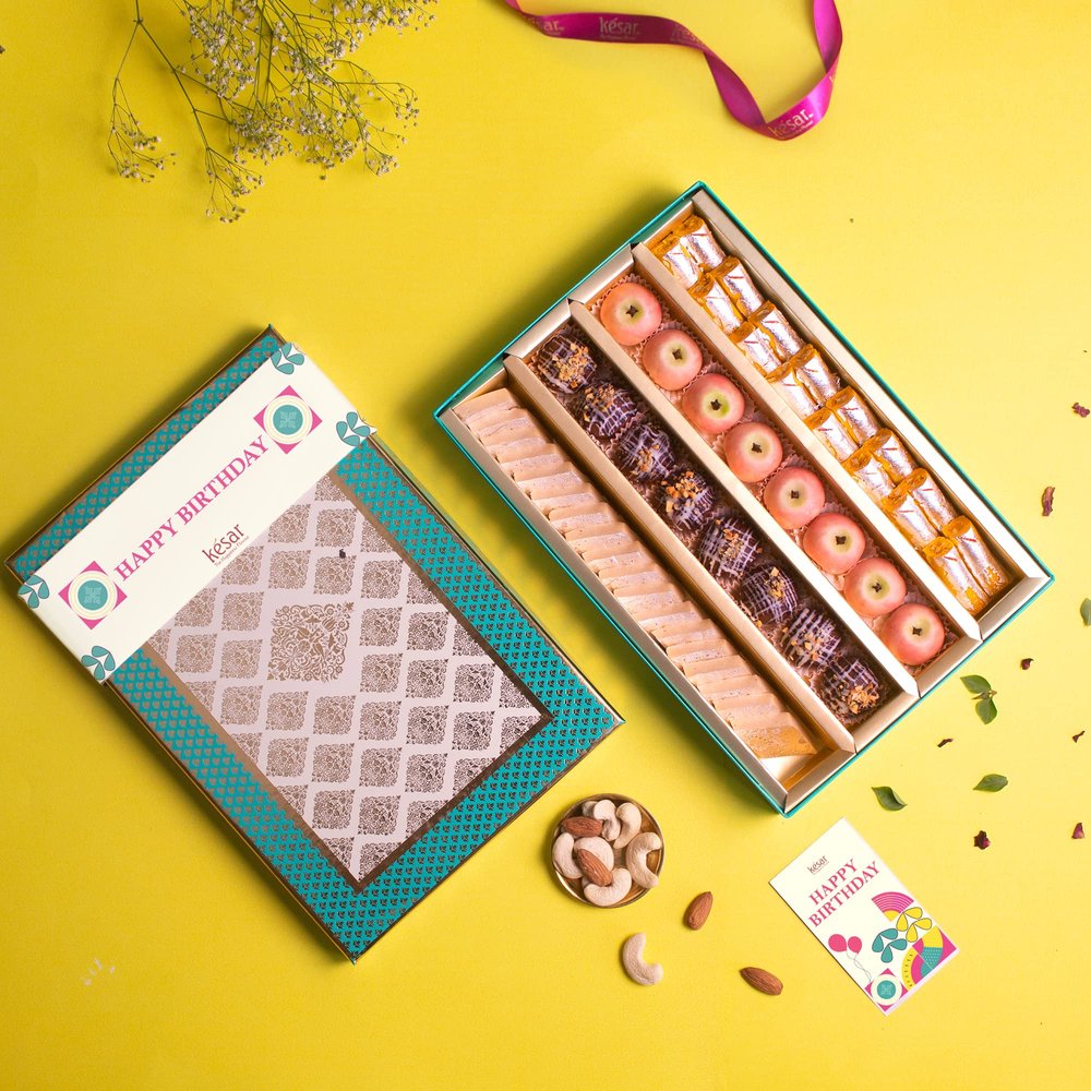 Best Birthday Gift Of Kaju Delight Mithai/Contains OF Kaju Mithai/Katli, Kaju Apple, Kaju Ice Ball, and Kaju Kesar Roll/Fancy Box