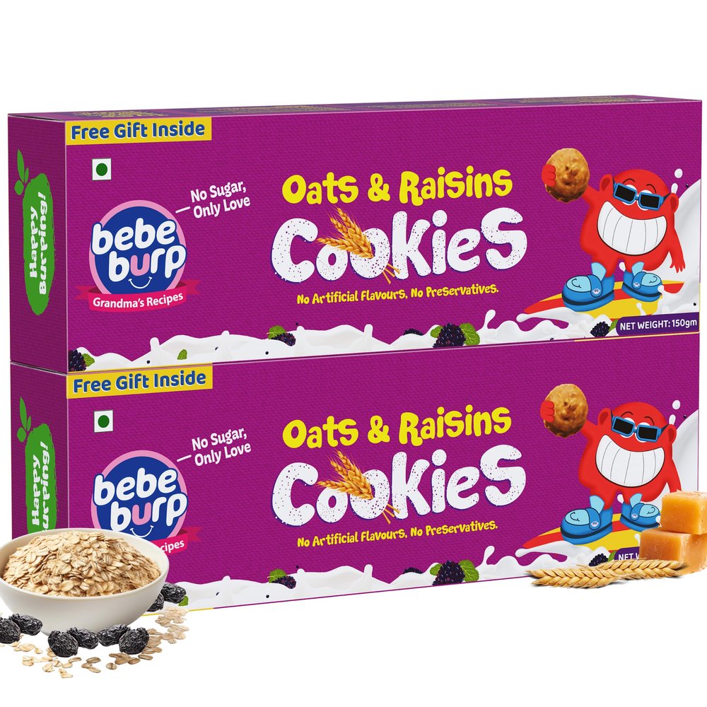 Bebe Burp - Oats & Raisins Cookies - Tasty & Healthy Cookies For Childrens | No Artificial Preservatives & Flavours | Natural Sweetness Of Jaggery Biscuits | 150gm each (Pack of 2) | 300gm