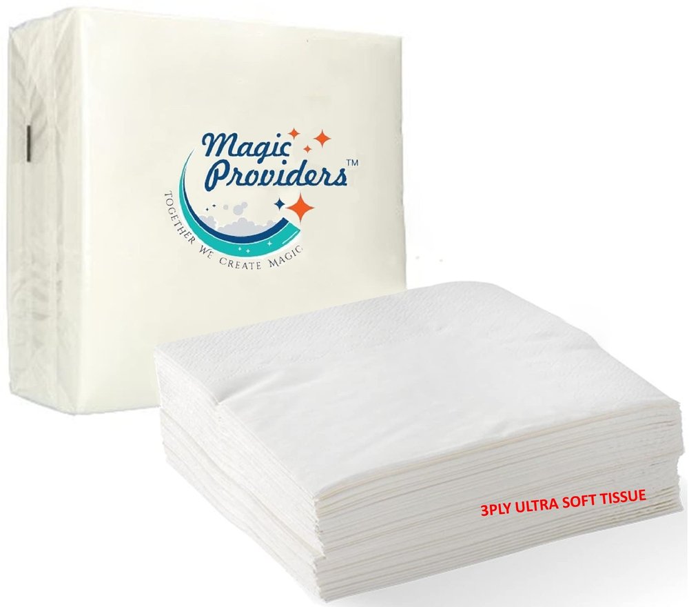 Magic Providers Super Soft Tissue Paper Napkins 3 Ply (33 X 33 cm) Pack of 2 White Tissues (100 Serviettes) | 3PLY Table Napkins | Anniversary/Birthday Party | Event Essential | Feather Touch