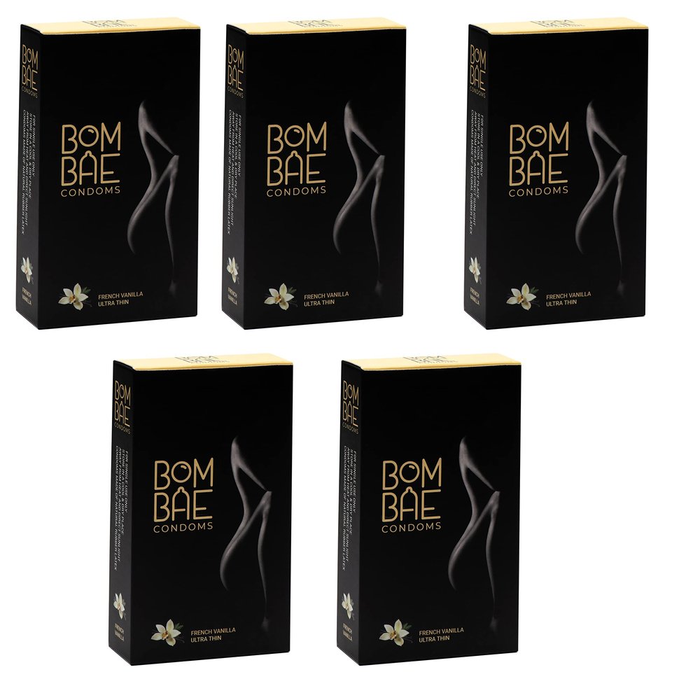 BOMBAE condoms French Vanilla Ultra Thin, Pack of 5 condoms for men family pack flavour Combo Pack of 5 (10 pieces per pack) 50 condom combo pack offer men