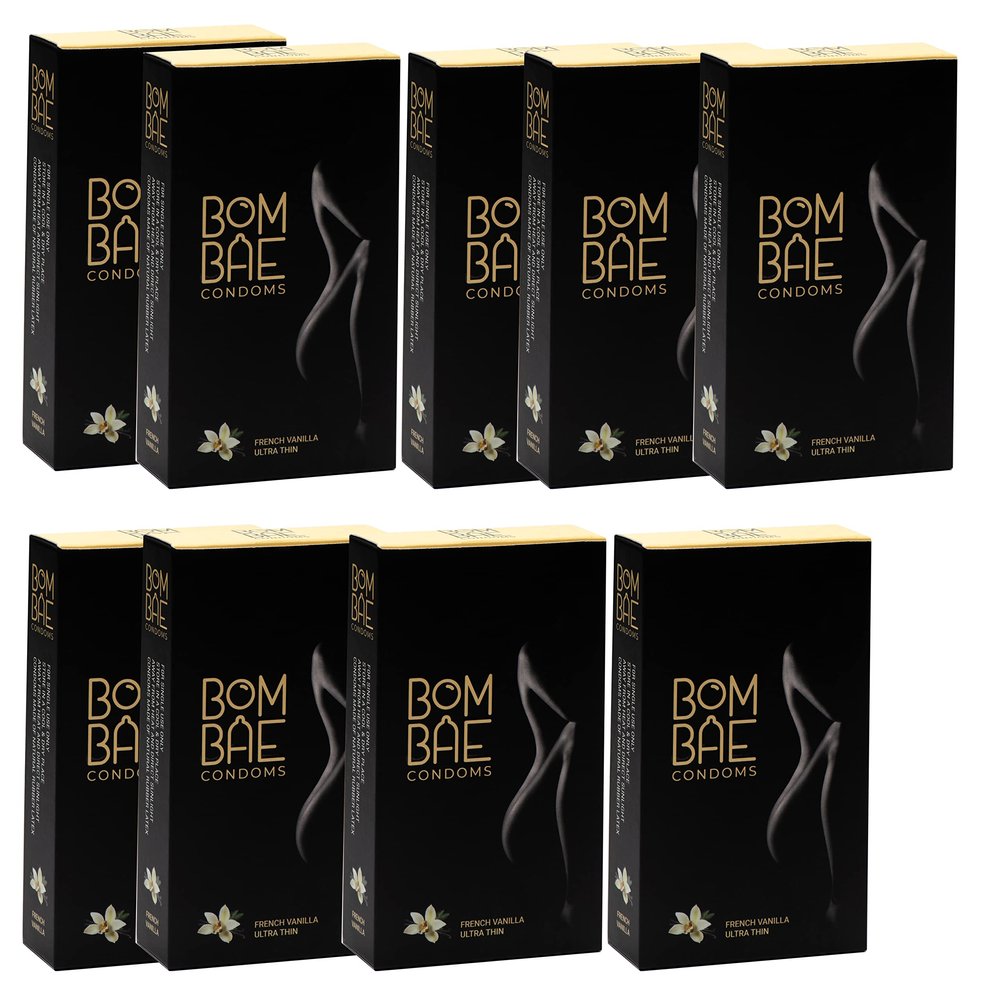 BOMBAE condoms French Vanilla Ultra Thin, Pack of 9 condoms for men family pack flavour Combo Pack of 9 (10 pieces per pack) 90 condom combo pack offer men