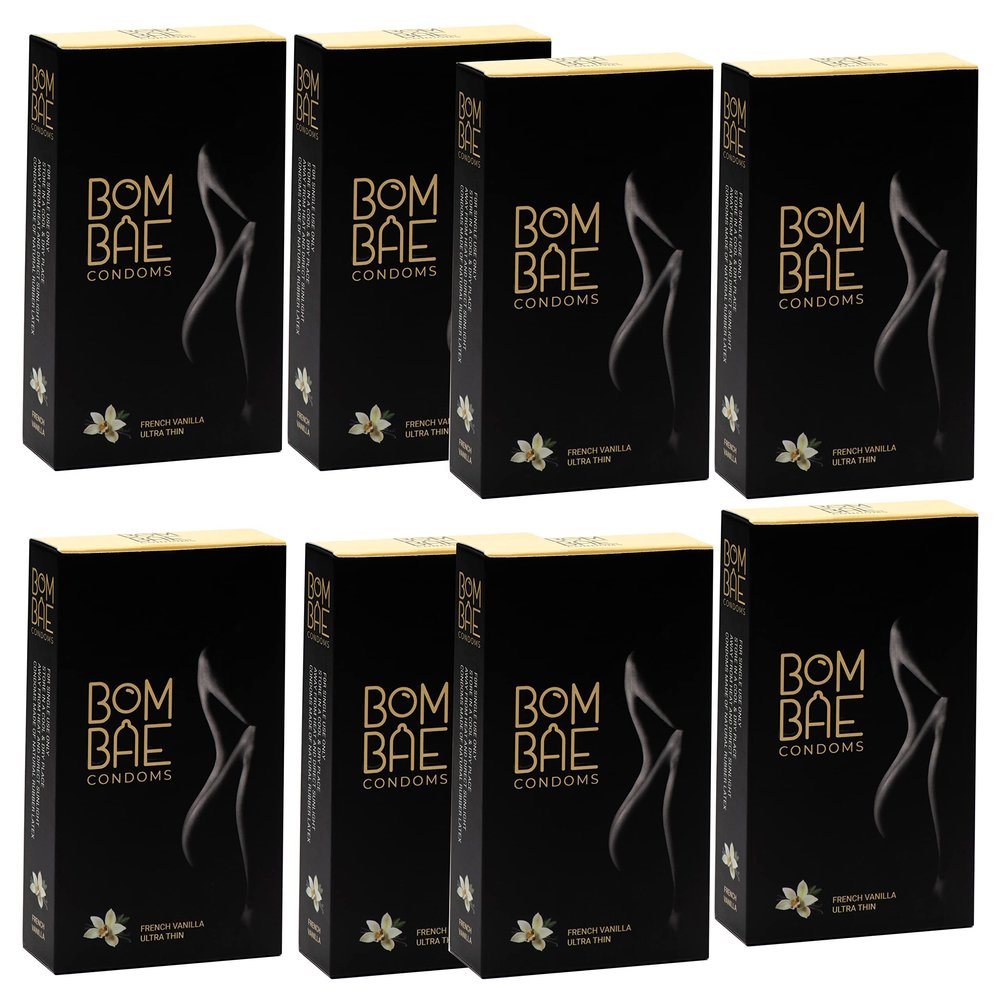 BOMBAE condoms French Vanilla Ultra Thin, Pack of 8 condoms for men family pack flavour Combo Pack of 8 (10 pieces per pack) 80 condom combo pack offer men