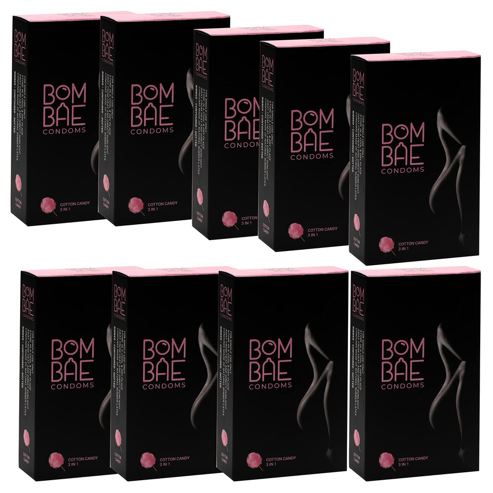BOMBAE condoms Cotton Candy 3 in 1, Pack of 9 condoms for men family pack flavour Combo Pack of 9 (10 pieces per pack) 90 dotted condom combo pack offer men extra dotted, ribbed