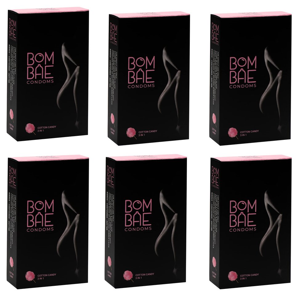 BOMBAE condoms Cotton Candy 3 in 1, Pack of 6 condoms for men family pack flavour Combo Pack of 6 (10 pieces per pack) 60 dotted condom combo pack offer men extra dotted, ribbed