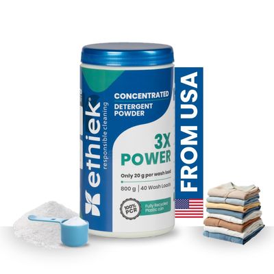 Ethiek Concentrated Detergent Washing Powder, only 20gm for 1 load | Top Load, Front Load & Hand Wash | 3X Power for Tough Stain Removal, 100% Natural & Organic | Baby Safe & Biodegradable - 800g