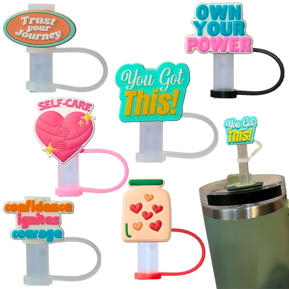 6-pieces Straw Covers for Reusable Straws- Positive Affirmation, Self-Care & Self-Love Designs- Silicone Straw Toppers for Tumblers, Stanley Cup Straw Cover, Straw Tip Covers, 7-9mm Straws Compatible