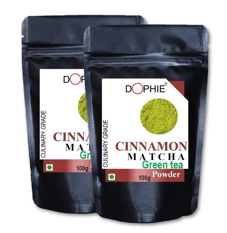 Dophie Matcha Green Tea Powder with Cinnamon 100g [PACK-2] Culinary Grade, Delicate green tea flavour with a hint of Cinnamon, More Antioxidants than regular Green Tea leave