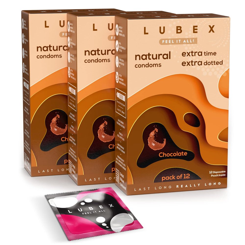 Lubex 6 in 1 Extra Time Condoms - Long Lasting with Disposable Bags - Ultra Thin & Extra Dotted - Chocolate Flavour - 36 Condom (Pack of 3)