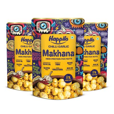 Happilo Premium Super Snack Makhana Chilli Garlic 55g (Pack of 3) | Roasted Foxnuts, Phool Makhana | Healthy Snacks | Low Calorie & Vegan
