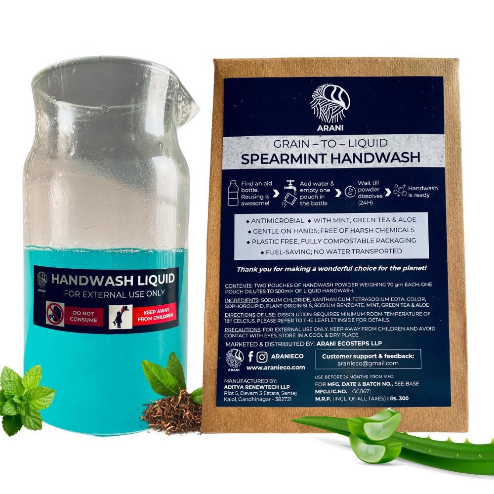 Arani Eco SPEARMINT HANDWASH (GRAIN-TO-LIQUID) Liquid | Anti-Microbial | Gentle On Hands | Safe for Kids| Eco Friendly Ingredients | One pack makes 1.1 litres