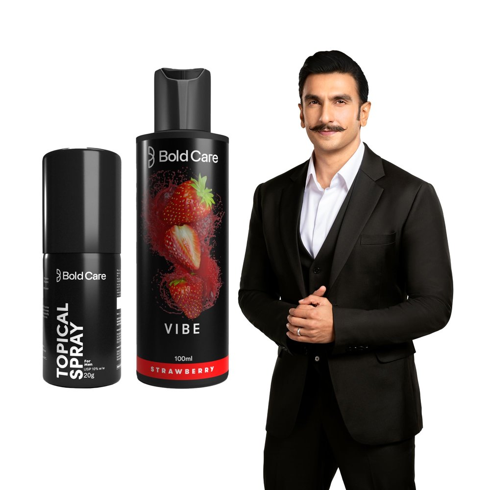 Bold Care EXTEND Non-Transferable Spray for Men (Pack of 1) + Bold Care Vibe - Natural Personal Lubricant for Men and Women - Premium Strawberry Flavour, Water Based Lube - No Side Effects - 100 ml