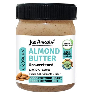 Jus' Amazin Crunchy Almond Butter - Unsweetened (325 Gram)| 25.5% Protein | Plant-Based Nutrition | 100% Almonds | Zero Additives | Dairy Free | 100% Natural