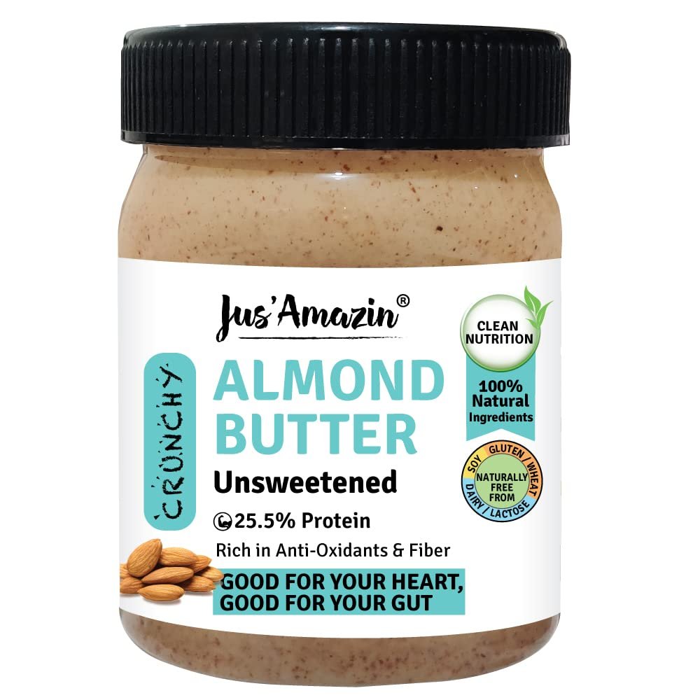 Jus' Amazin Crunchy Almond Butter - Unsweetened (325 Gram)| 25.5% Protein | Plant-Based Nutrition | 100% Almonds | Zero Additives | Dairy Free | 100% Natural