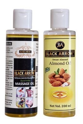 Black Arrow Ayurvedic Massage Pain Calm Oil & Pure Cold Pressed Almond Oil For - Healthy hair, Skin & body | Massage oil For - Knee, Joint, Shoulder & Back Pain Oil - 200ml + 200ml = 400ml