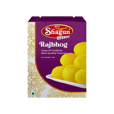 BFP SHAGUN Rajbhog 1Kg Authentic Indian Sweet Rich Flavor Creamy Texture Rajbhog 10 Pieces In 1 Tin With Sweet Syrup Made With Sugar Milk Solid Permitted Food Color Authentic Bikaneri