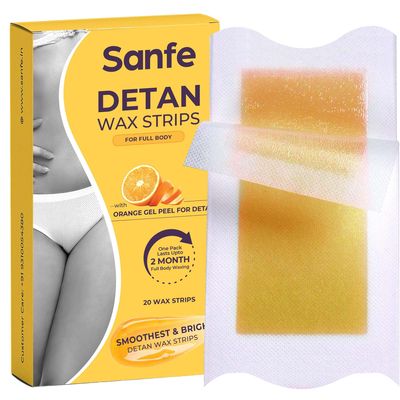 Sanfe Detan Wax Strips Pack of 20 | For Legs, Arms, Bikini Line | Easy Cold Gel Formula, Orange Peel Extract, Glycerine, Vitamin C | For Waxing & Detanning | No Heating Required | Experience Long-Lasting Results | Salon Like Results | For Indian Skin