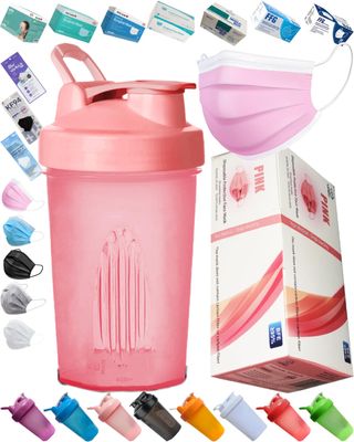 EBAT Value Pack for Women - A Small Cute Pink Shaker Bottle Printed Scale Marks of 12 OZ/400 ML,A Box of 50PCS Light Pink Soft 3-PLY Face Masks - Less Packages,Less Postages,AntiStagFlation Resolution