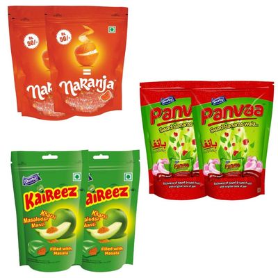 Derby Combo Party Pack Of Standy Pouch - Naranja/Kaireez/Panvaa (Orange, Kachha Aam, Banarasi Paan Flavored Each pack of 2)