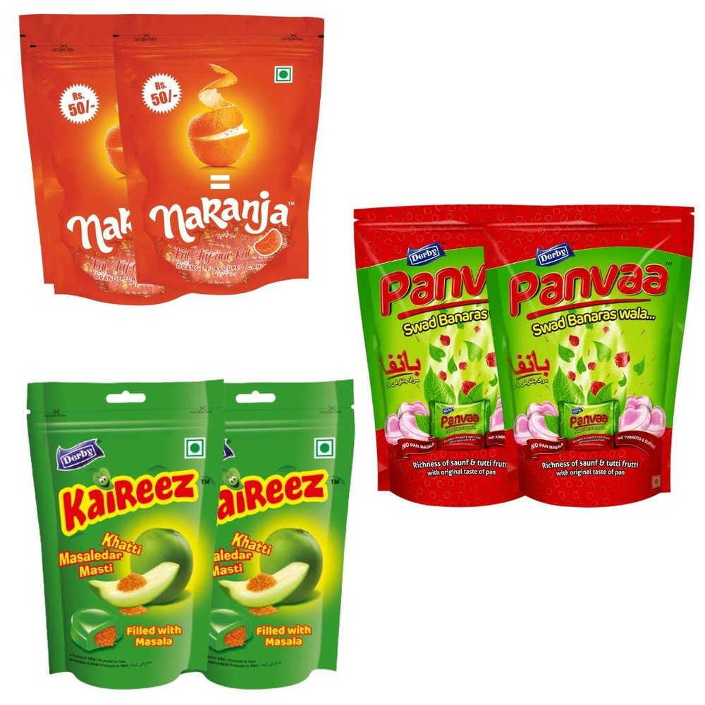 Derby Combo Party Pack Of Standy Pouch - Naranja/Kaireez/Panvaa (Orange, Kachha Aam, Banarasi Paan Flavored Each pack of 2)