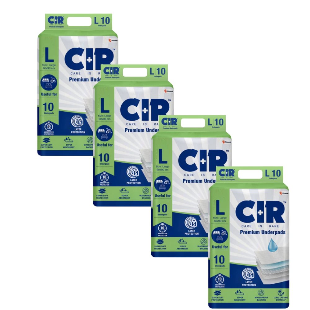 CIR Premium Underpads, Large (90x60cm) I 10 hrs Absorption Protection I 10 Units I Waterproof I Protects Surfaces from Incontinence I Super Soft Polymer x Pack of 4