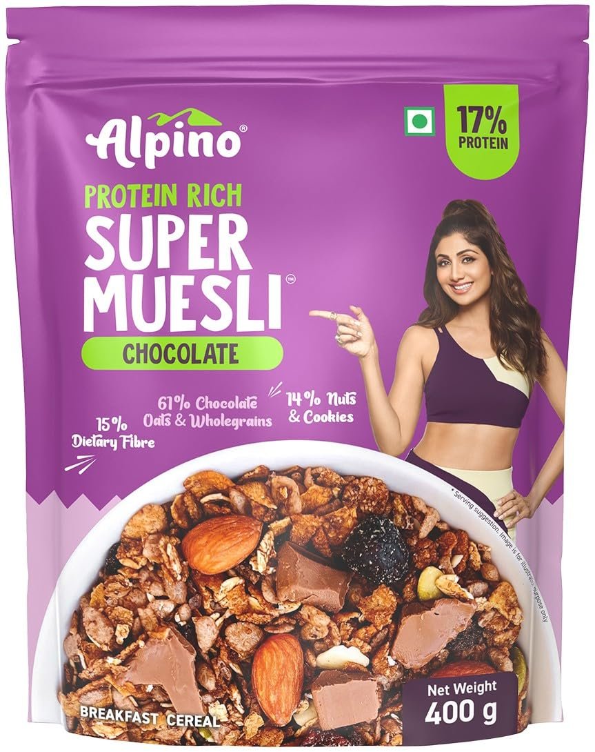 ALPINO Protein-Rich Super Muesli Chocolate 400g 61% Whole Grains, 14% Nuts & Cookies - 17% Protein, Source of Dietary Fibre & Healthy Fats