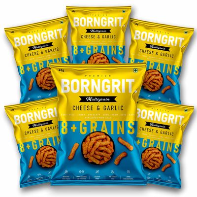Borngrit Multigrain Snacks | Cheese and Garlic | Roasted Not Fried Snacks | 100% natural | Guilt Free Snacking | No Trans Fat | Pack of 6 (40 gm x 6)