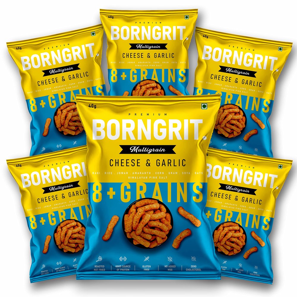 Borngrit Multigrain Snacks | Cheese and Garlic | Roasted Not Fried Snacks | 100% natural | Guilt Free Snacking | No Trans Fat | Pack of 6 (40 gm x 6)
