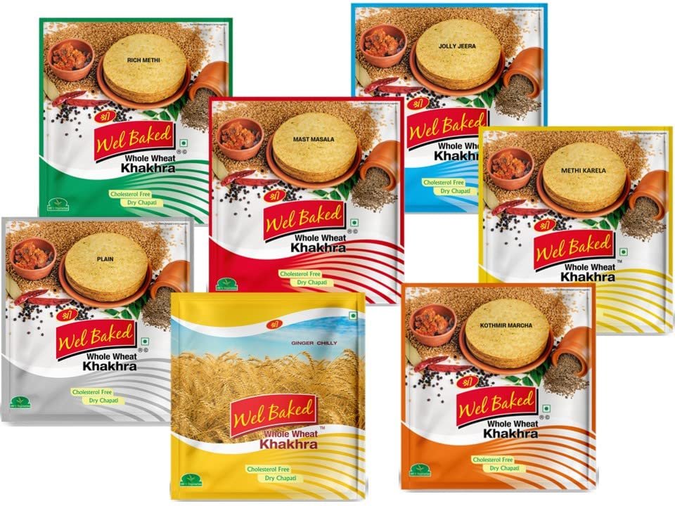 WEL BAKED Whole Wheat Khakhra - Pack of 7 200gms Each | Methi, Masala, Jeera, Plain, Kothmir Marcha, Methi Karela, Ginger Chilly | Khakra Combo Pack | Dry Chapati | Khakra Fresh Gujarati Namkeen Snacks