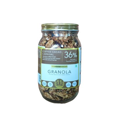 thenibblebox Coffee Cacao Carnival Granola 500g, Jar [36% dry fruits, Gluten free, Plant based/Vegan friendly, No preservatives/additives]