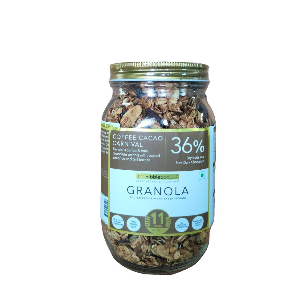 thenibblebox Coffee Cacao Carnival Granola 500g, Jar [36% dry fruits, Gluten free, Plant based/Vegan friendly, No preservatives/additives]