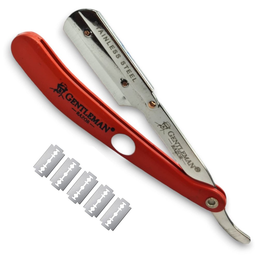 Fortive Gentleman Stainless Steel Barber Straight Edge Barber Razor Folding Shaving Shaver for Men (Free 5 Blades) (Red)