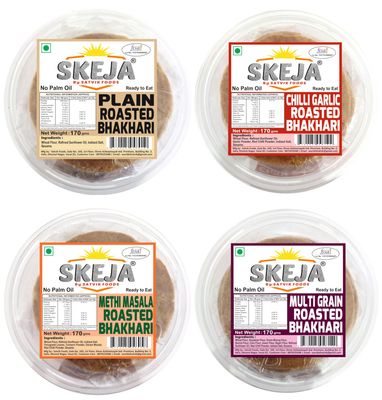SKEJA By Satvik Foods Plain, Chillli garlic,Methi masala,Multi-grain Roasted Bhakhari|No Palm Oil| Made With Sunflower Oil Bhakri Snacks | Bhakhri 170 Gram (Pack of 4) (Combo 2)