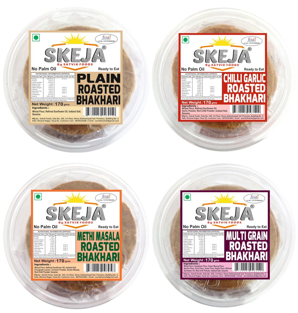 SKEJA By Satvik Foods Plain, Chillli garlic,Methi masala,Multi-grain Roasted Bhakhari|No Palm Oil| Made With Sunflower Oil Bhakri Snacks | Bhakhri 170 Gram (Pack of 4) (Combo 2)