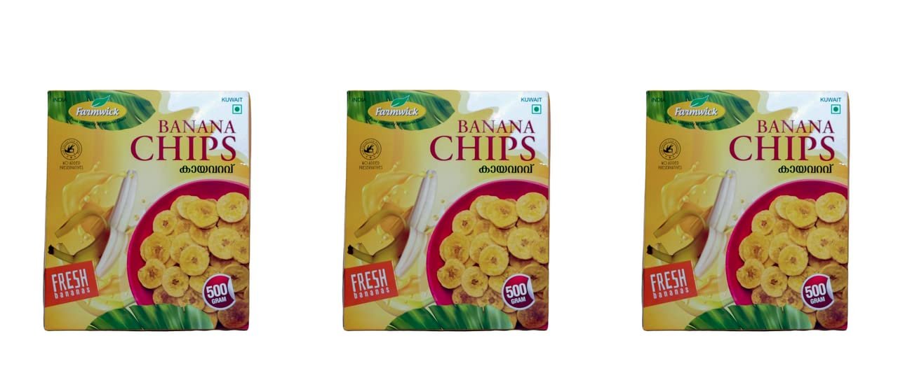 FARMWICK's Natural Kerala Banana Chips - Delicious Snacks - 500 Gm (Pack of 3)