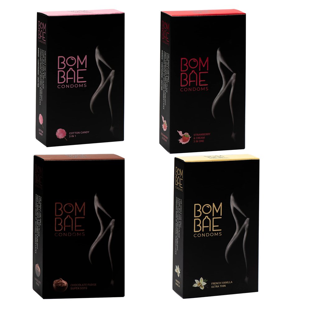 BOMBAE condoms Chocolate Super dots I Cotton Candy 3 in 1 I Vanilla Ultra Thin I Strawberry & Cream 3 in One I Pack of 4 (10 pieces per pack) 40 condom