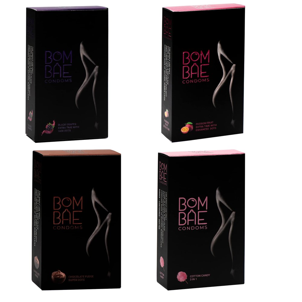 BOMBAE condoms Black Grapes Extra Time with 1600 dots I Chocolate Super dots I Cotton Candy 3 in 1 I Fruit Extra time dots I Pack of 4 (10 pieces per pack) 40 condom