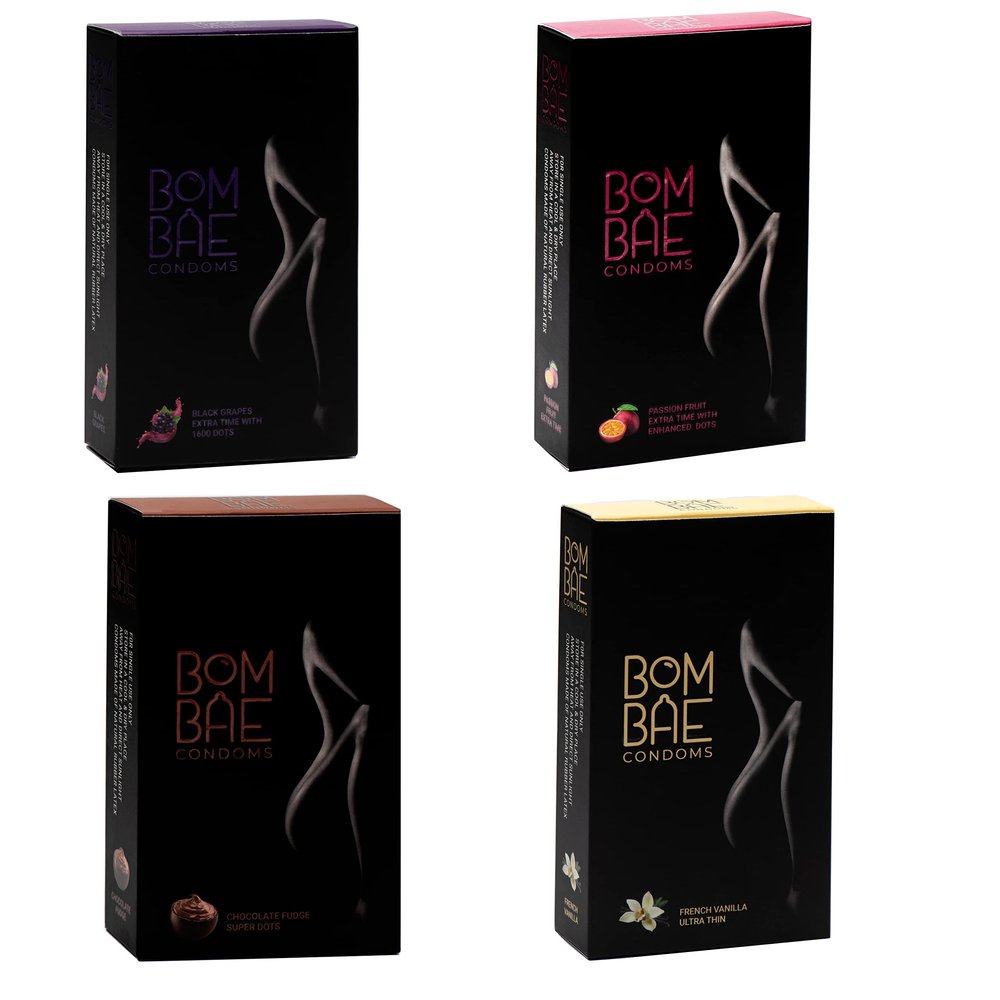 BOMBAE condoms Black Grapes Extra Time with 1600 dots I Chocolate Super dots I French Vanilla Ultra thin I Fruit Extra time dots I Pack of 4 (10 pieces per pack) 40 condom