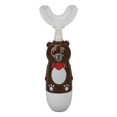 Sonic U Shaped Toothbrush, Cute Bear Kids Electric Toothbrush Rechargeable Ergonomic Fast Cleaning with 3 Brush Heads for Home (Brown)