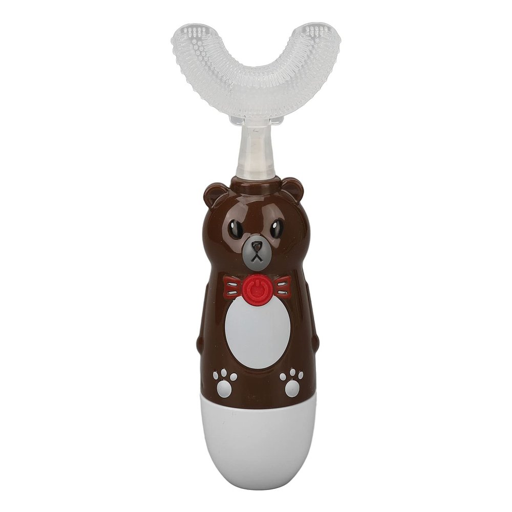 Sonic U Shaped Toothbrush, Cute Bear Kids Electric Toothbrush Rechargeable Ergonomic Fast Cleaning with 3 Brush Heads for Home (Brown)