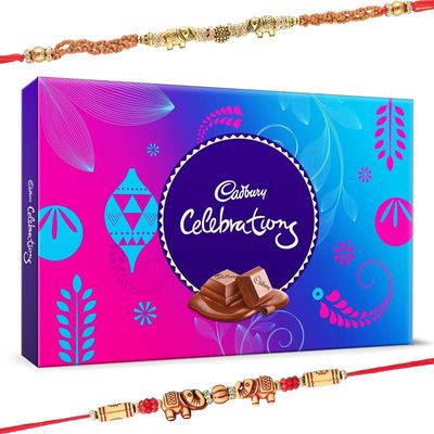 SFU E Com Cadbury Celebration Gift Box with Set Of 2 Rakhi | Rakhi Chocolate For Brother | Rakhi with Chocolates| Roli, Chawal, Chandan, Misri | 12