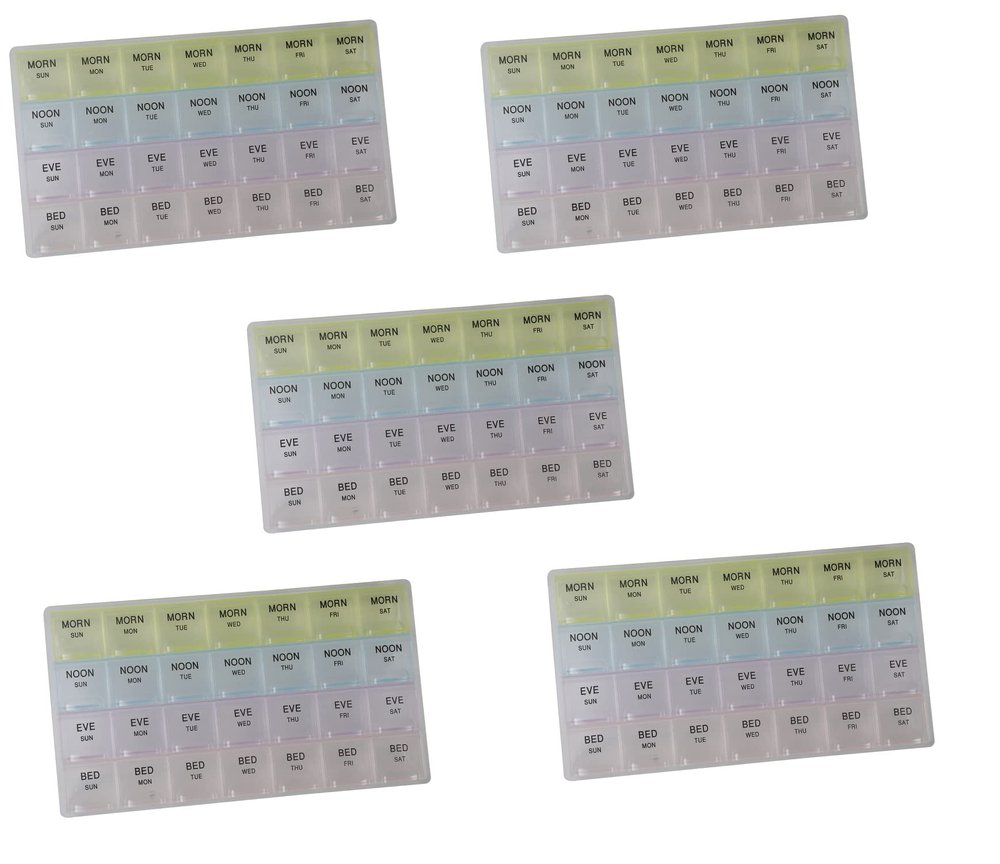 Ezyfit Weekly 7 Days Pill Organizer Case 28 Compartments, 4 Times/Day Slot, Weekly Doses Container Boxes, Medicine Holder (Pack of 5)