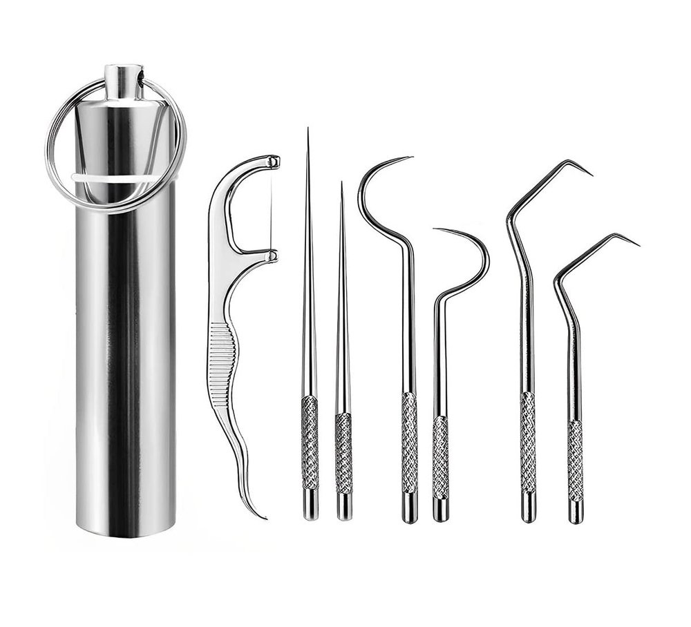 Kruvad 7 Pieces Teeth Cleaning Tool Portable Metal Toothpicks Reusable Toothpicks for Teeth Digging Adult Picking Tools Keychain Teeth Braces Cleaning Tools