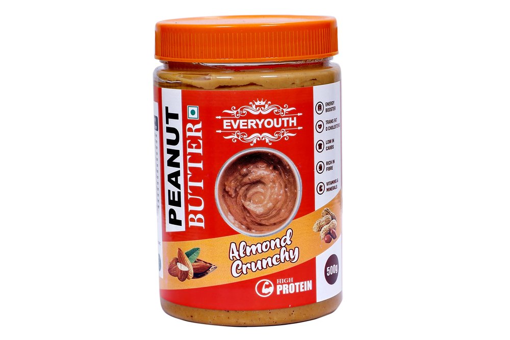 EVERYOUTH Peanut Butter Delicious, High Protein, Zero Trans-fat, Cholesterol Free & Vegan - Almond Crunchy, (500g)