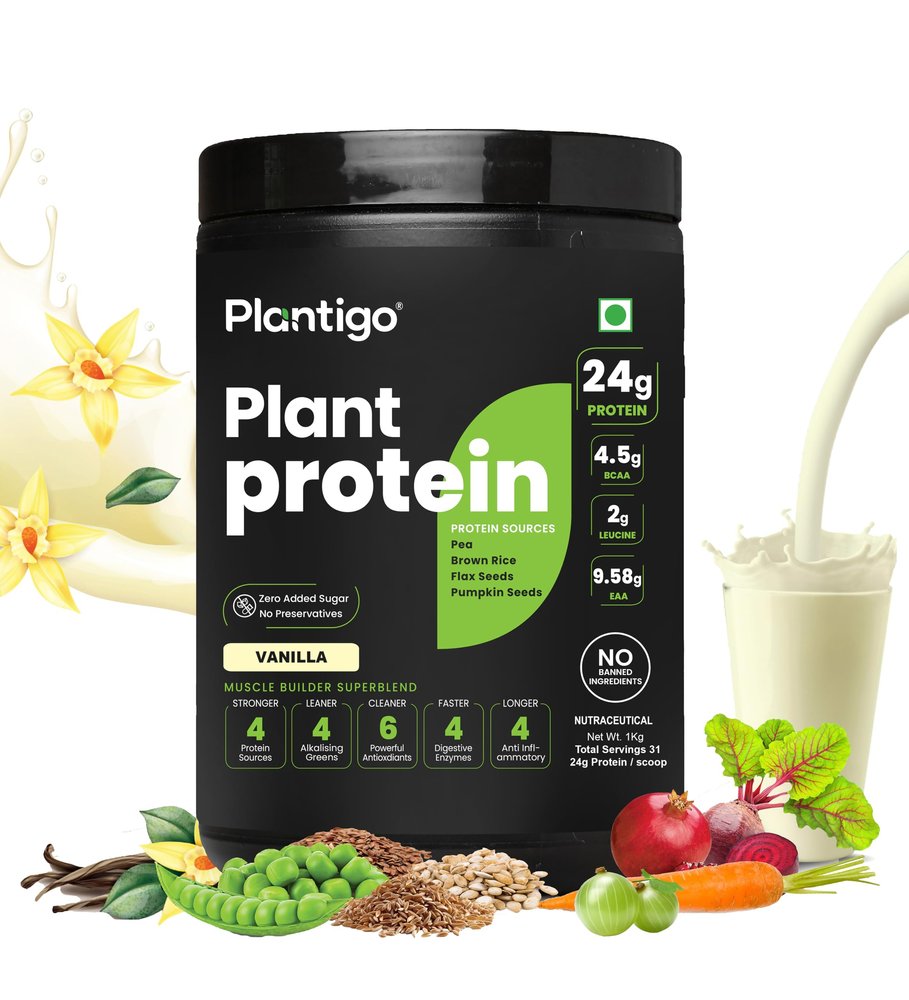 Plantigo Plant Protein Powder 1kg Vanilla Flavoured for Women & Men | 24g Protein, 4.4g BCAA, 2g Leucine, All Amino Acids, 4X Fast Digestion, No Sugar, No Preservative | Clean Pea Protein Powder