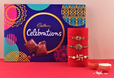 SFU E Com Cadbury Celebration Gift Box with Set Of 3 Rakhi | Rakhi Chocolate For Brother | Rakhi with Cadbury Celebration Chocolate Pack| Roli, Chawal, Chandan, Misri | 013
