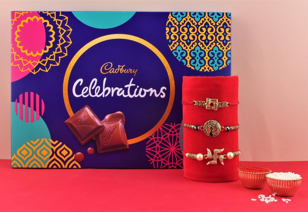 SFU E Com Cadbury Celebration Gift Box with Set Of 3 Rakhi | Rakhi Chocolate For Brother | Rakhi with Cadbury Celebration Chocolate Pack| Roli, Chawal, Chandan, Misri | 013