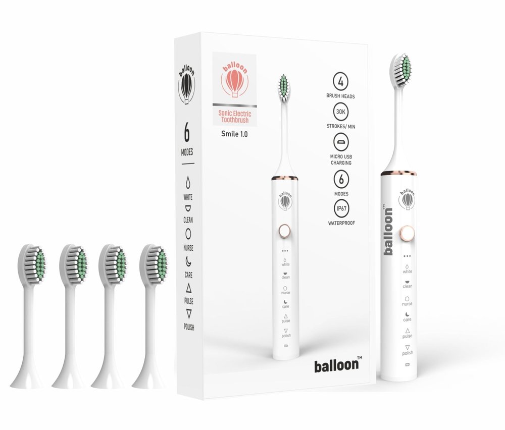 BALLOON Sonic Electric Toothbrush Smile 1.0 | 4 Free Brush Heads | Rechargeable | 6 Operational Modes | 30000 Vibrations Per Minute| IP67 Waterproof (WHITE), Adult, 1 Count