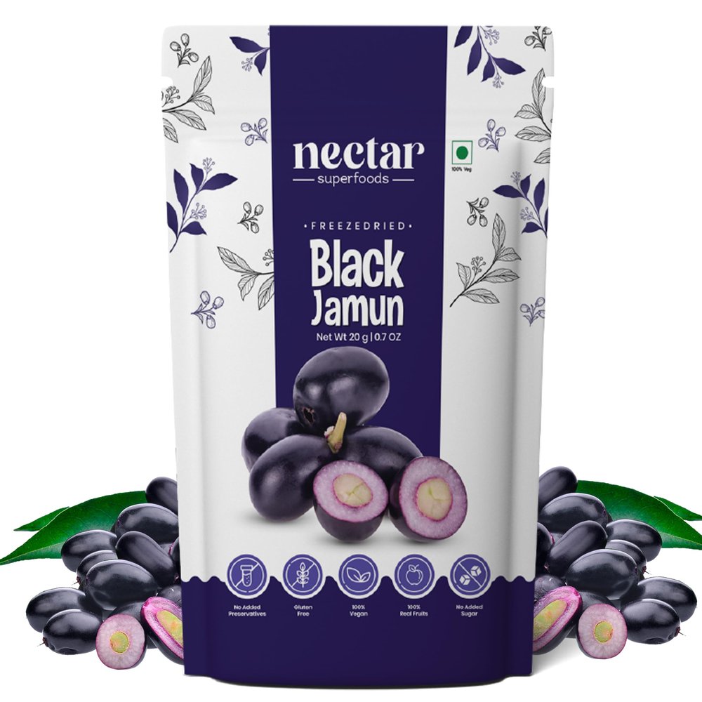 Nectar Superfoods Freeze Dried Black Jamun | No Preservatives, No Added Sugar, Healthy Dried Fruit | 100% Natural, Vegan, Gluten Free Snack for Kids and Adults | 20 gram Pouch (PACK OF 1)